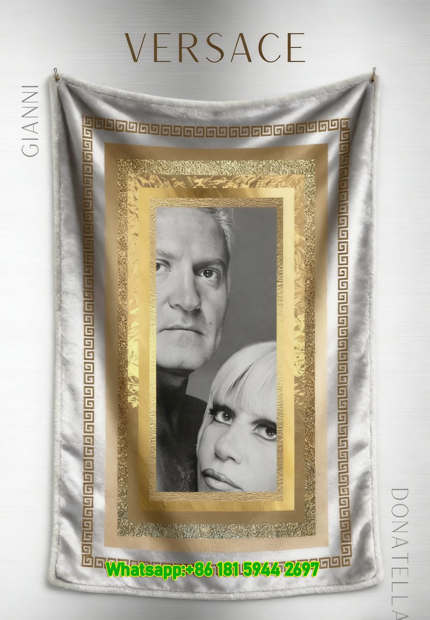 Versace Gianni and Donatella Portrait Print Flannel Throw Blanket Luxury Gold and Silver Greek Key Sofa Cover Blanket IMG_1538